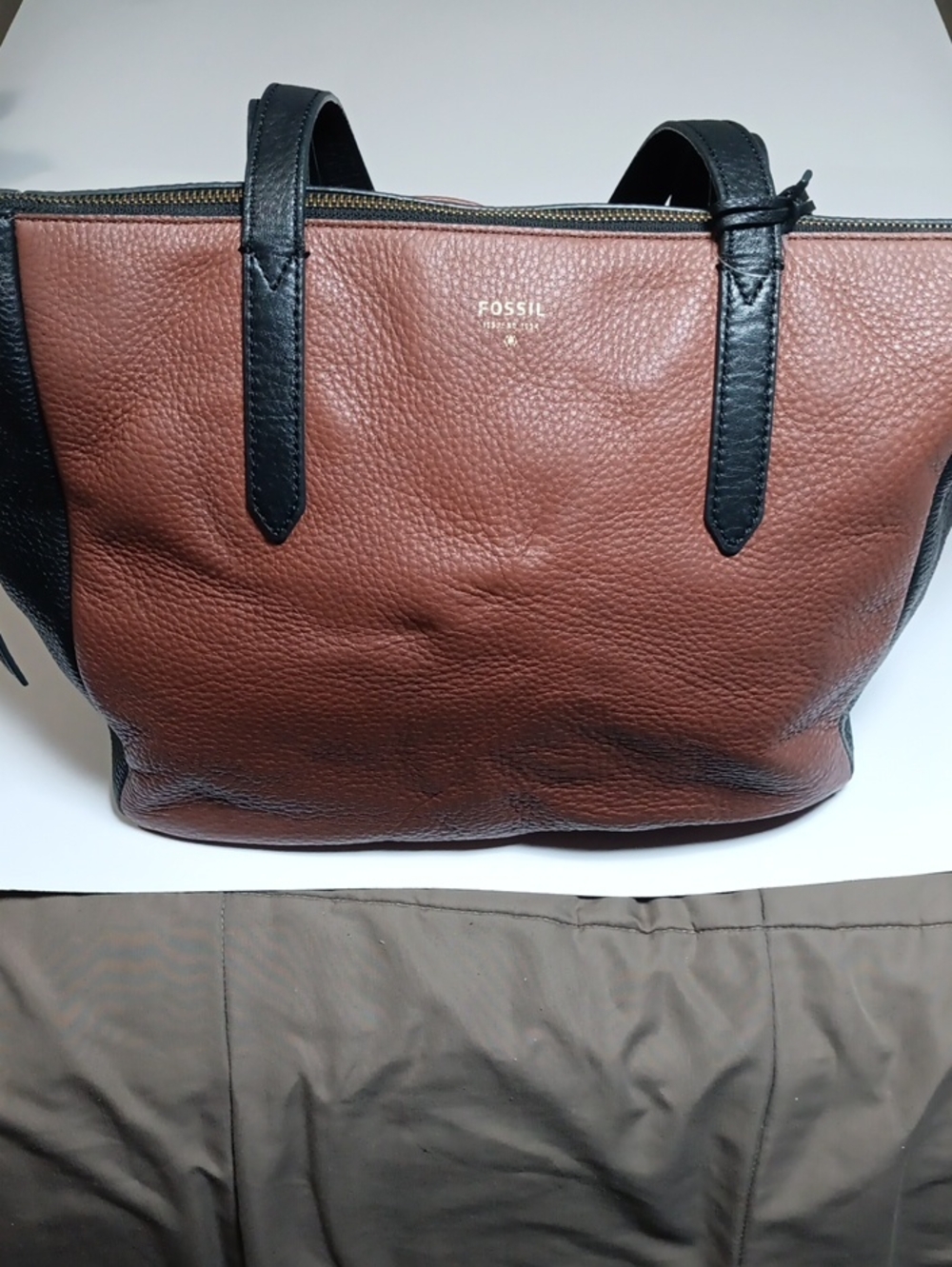 Fossil Brown Leather Tote with Black Handles